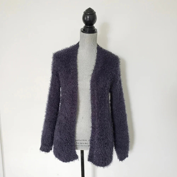 Navy Gray Fuzzy Open Front Cardigan Sweater XS - Picture 1 of 8
